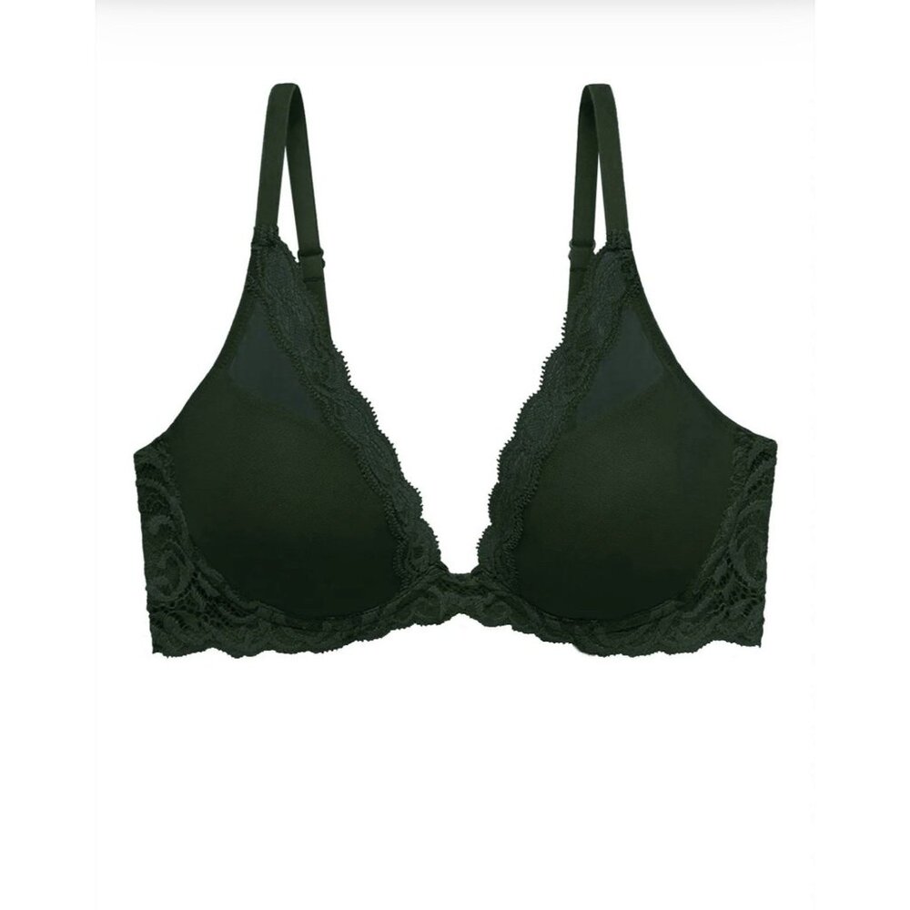 Natori Feathers Plunge Bra DK Forest Lace Mesh Underwire T-Shirt 730023 NWT - Picture 2 of 6